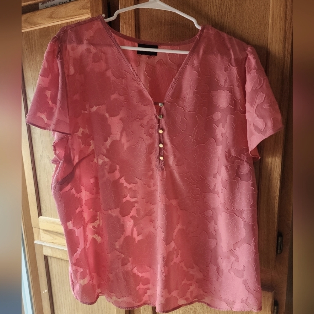 Ĺiz Claiborne Womens 2X Sheer Short Sleeve Top Medium Pink Floral
